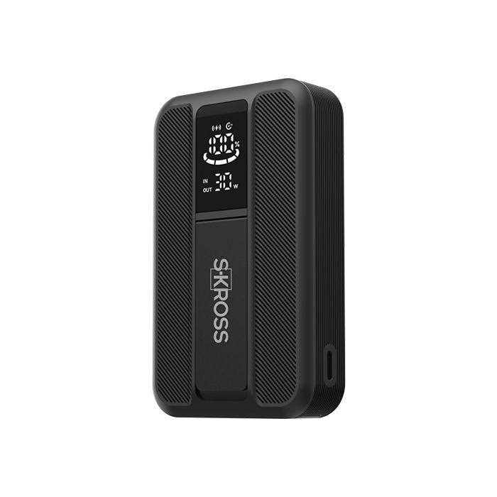Black SKROSS portable speaker with small display, shown on a white background