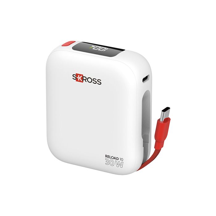 White Skross travel adapter with red plug, shown on a white background