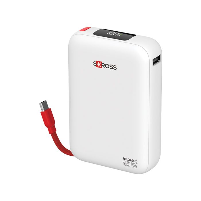 Compact white USB power bank with a red attached cable and display on top