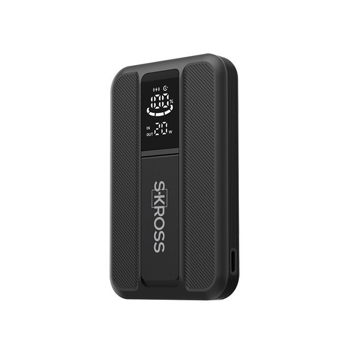 Black SKROSS portable speaker with a small display, shown front view on a white background
