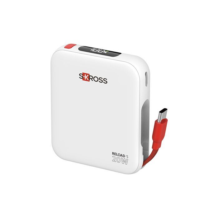 White SKROSS travel adapter with red plug against a white background