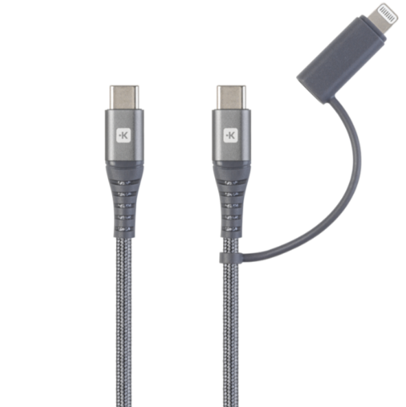 Gray braided USB-C charging cable with Lightning adapter.