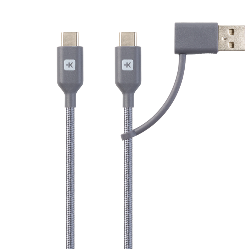 Three grey charging cables: two USB-C, one USB-A with angled head.