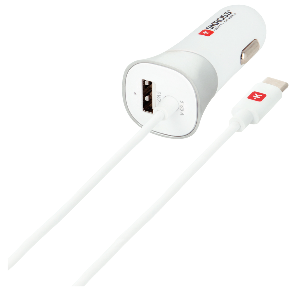 Skross USB Car Charger with USB-C cable angled
