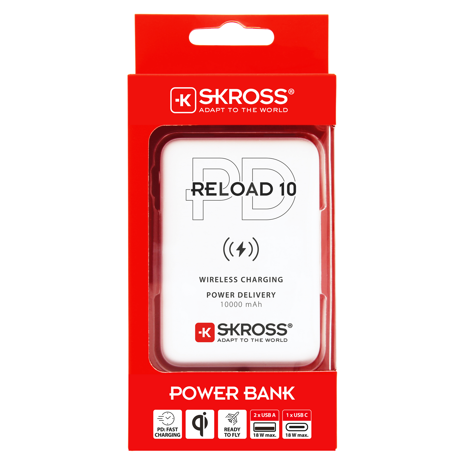 Skross 10,000 mAh power delivery wireless charging power bank reload 10 Qi PD packaging