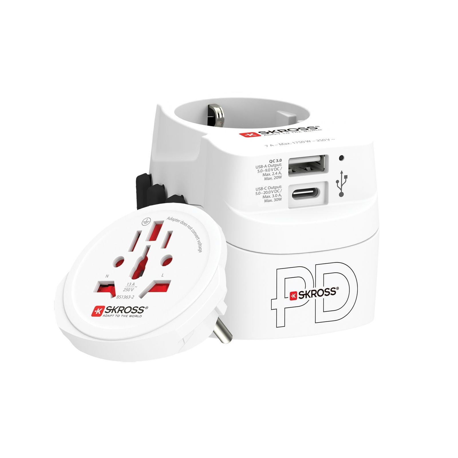 A white skiross plug with a usb port on the side.