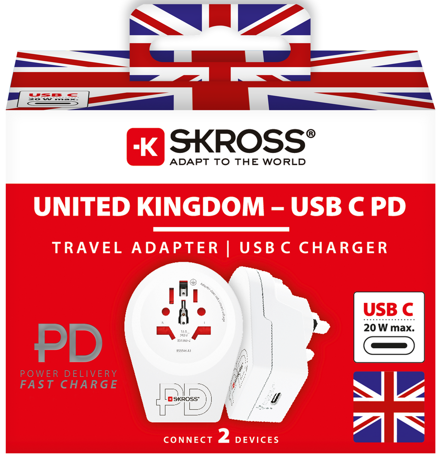 Skross 3-Pole World to UK USB C20PD Travel Adapter Packaging