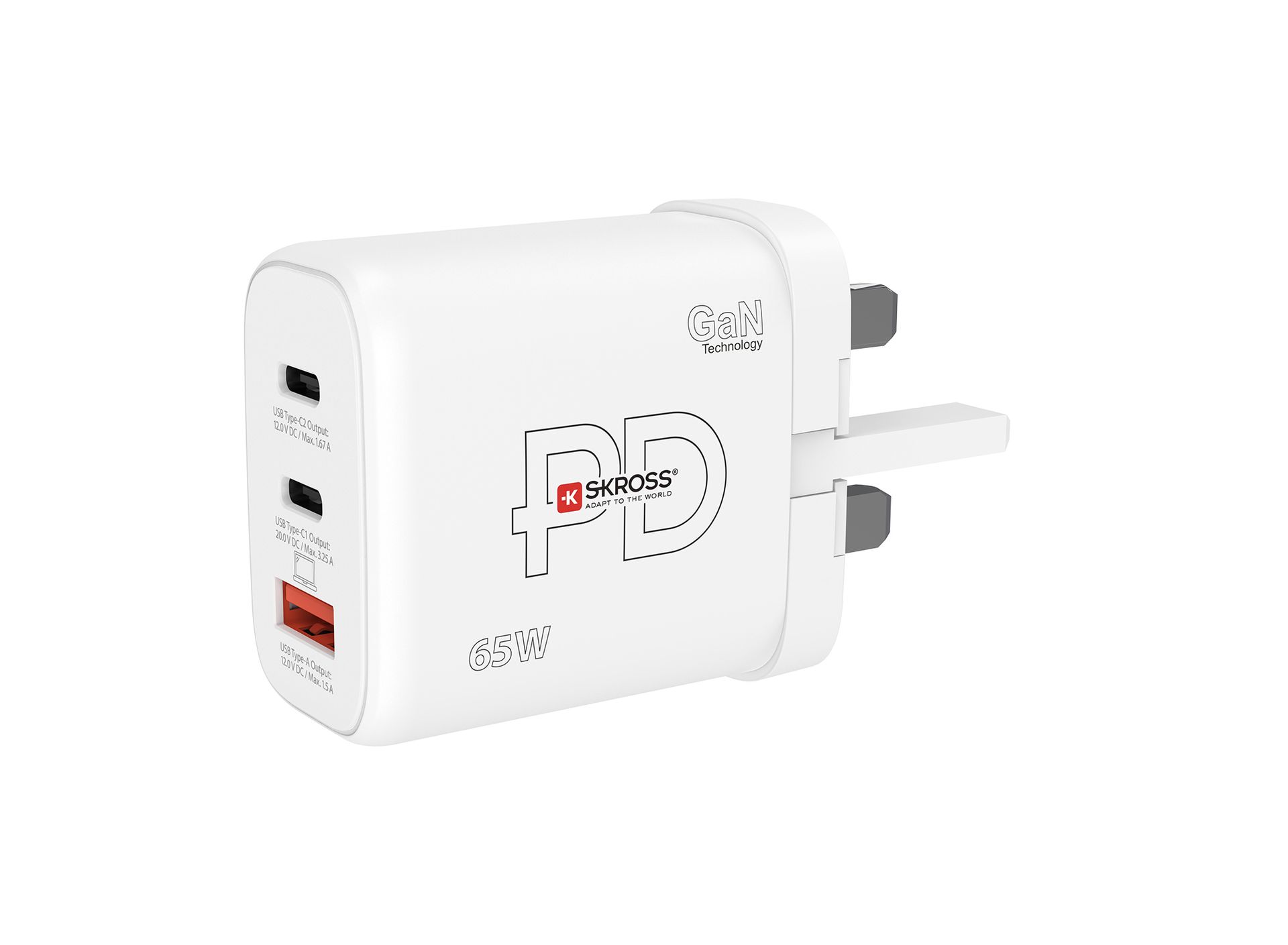 Skross USB Charger. Power Charger 65W power delivery GaN UK angled