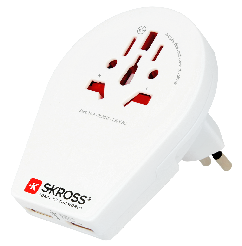 Skross 3-Pole World to Switzerland + Italy + Brazil USB Travel Adapter