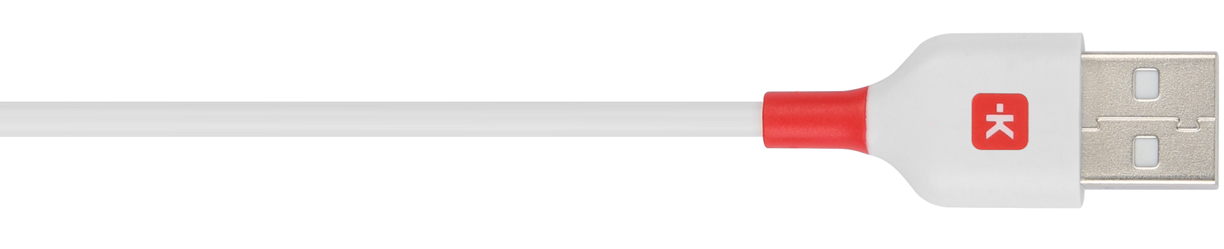 A white usb cable with a red end on a white background.