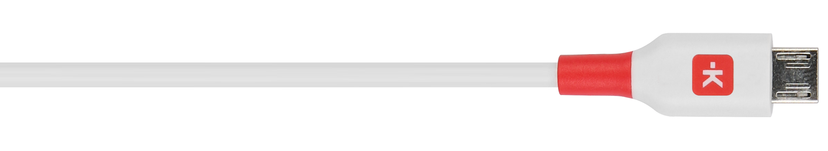 A close up of a white cable with a red end on a white background.