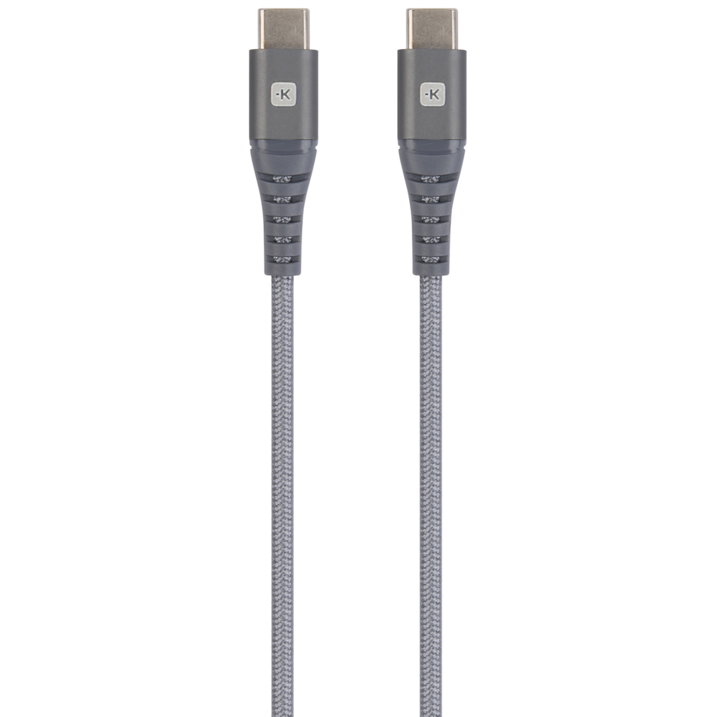 Gray USB-C cable with braided cord and connectors at both ends.