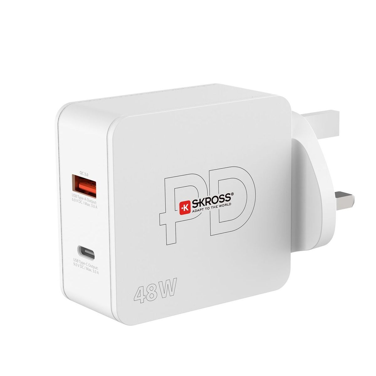 A white pd charger with a type c port and a type a port.