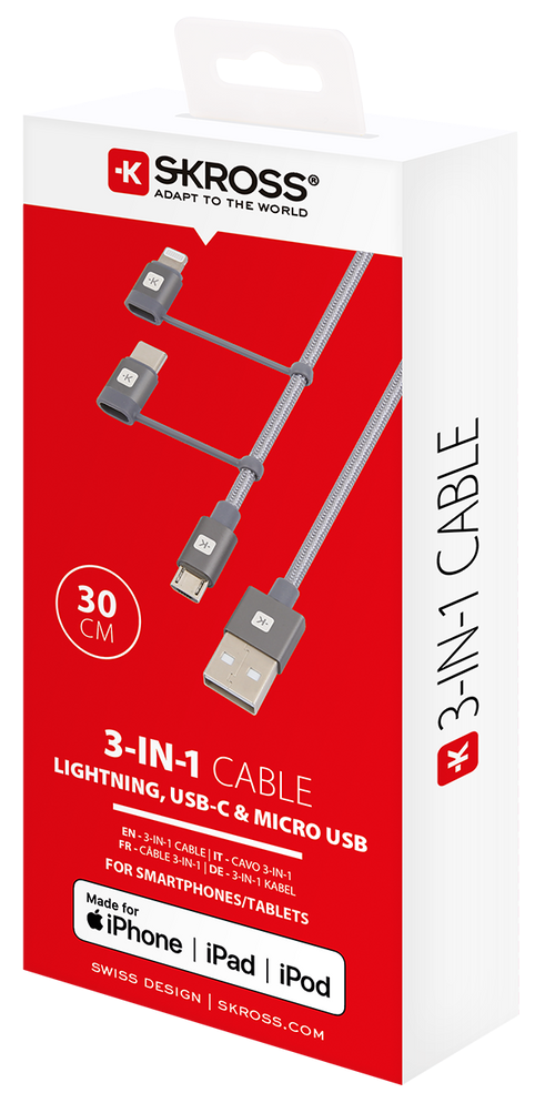 Skross 3-in-1 Cable Lightning, USB-C & Micro USB Charging Cable Packaging