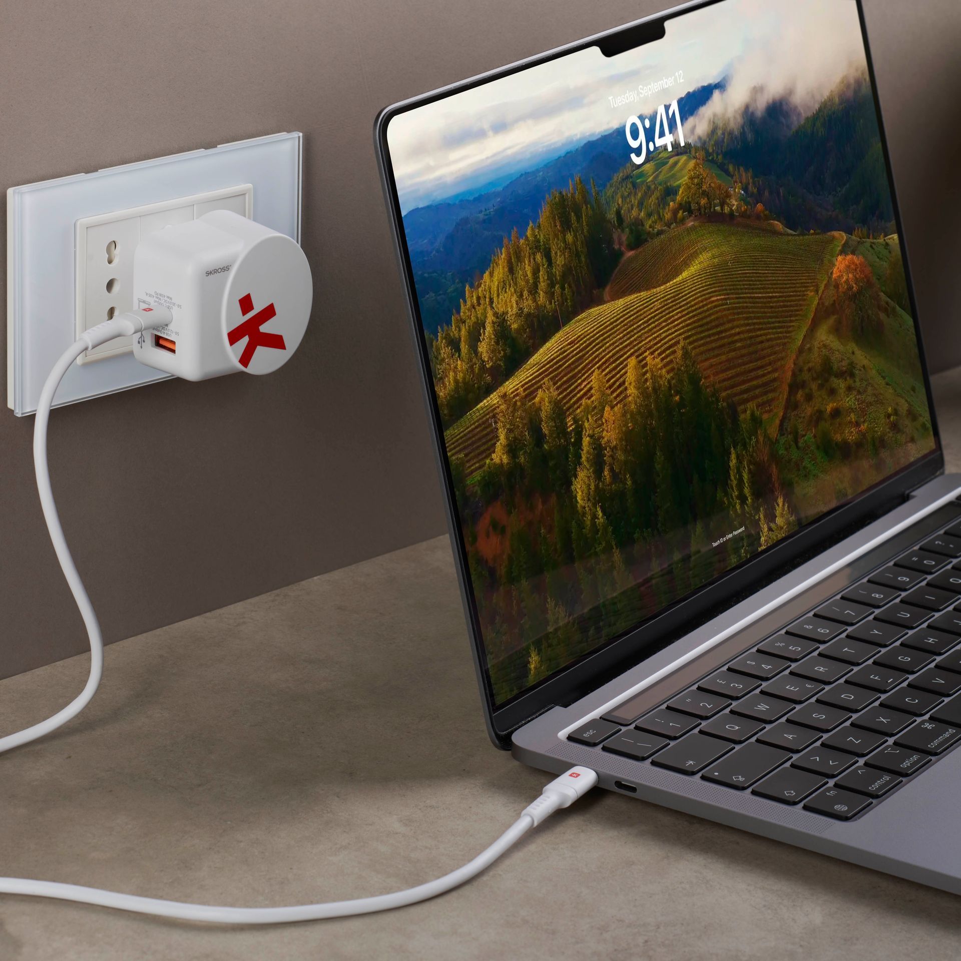 Skross power delivery USB Charger. Euro USB Charger AC45PD plugged into a laptop
