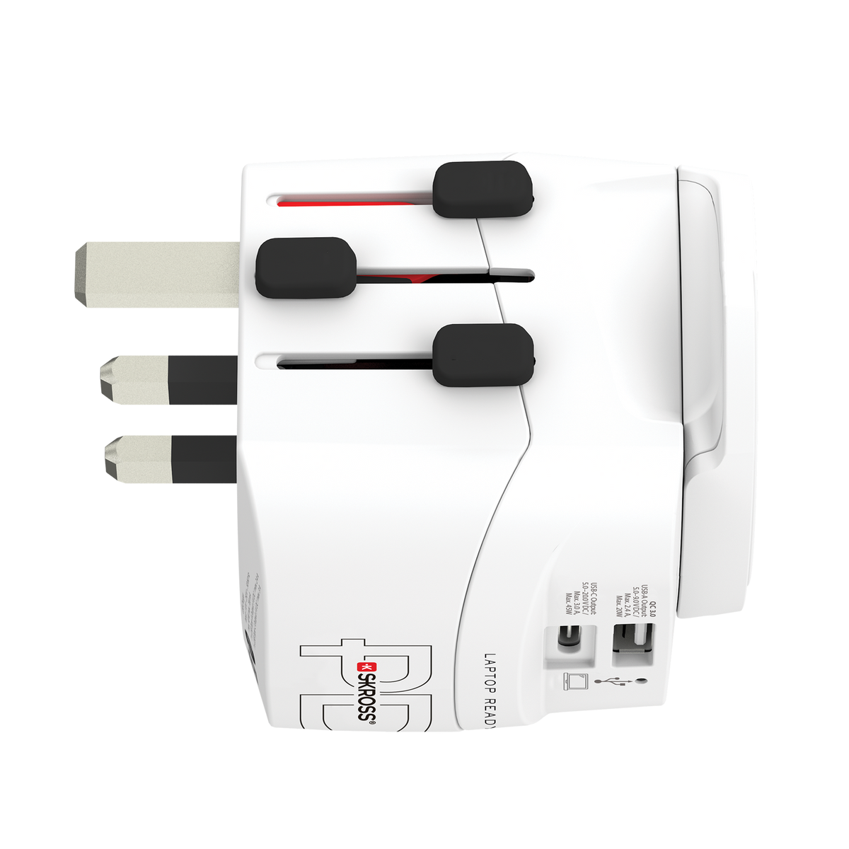 A white and black travel adapter with three plugs on a white background.
