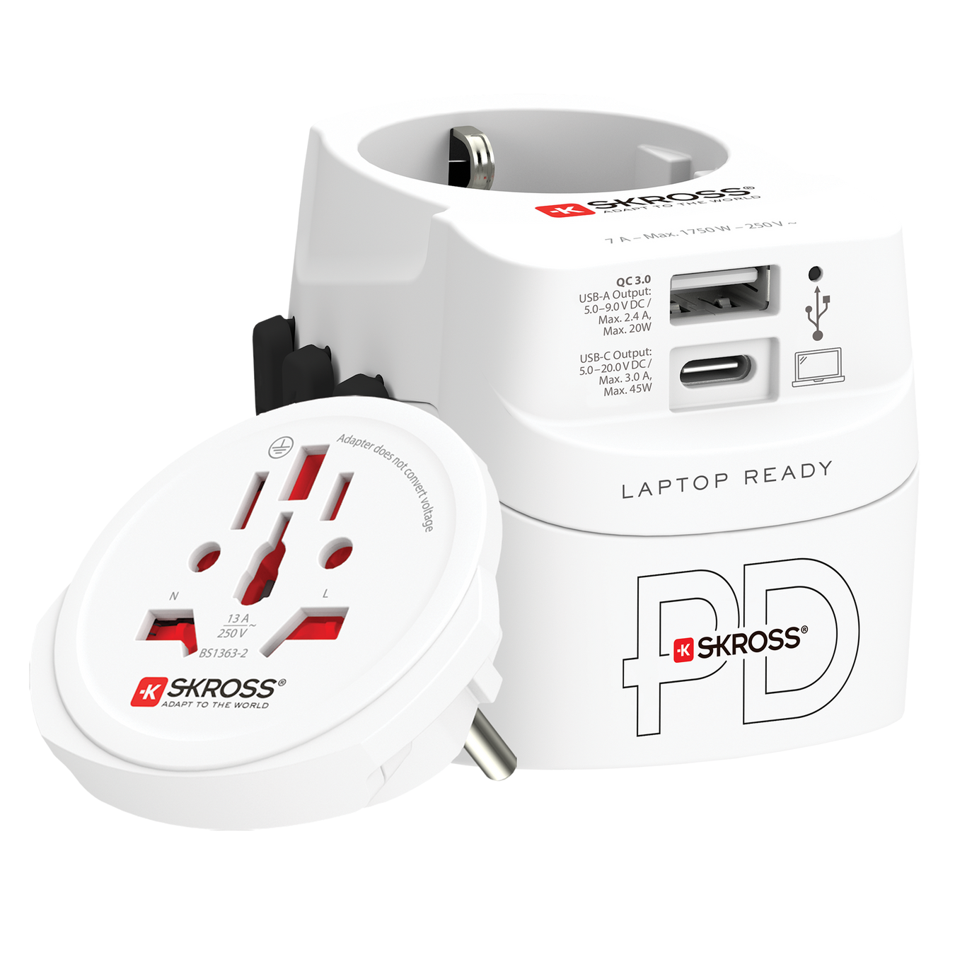 A white travel adapter with a laptop ready logo on it