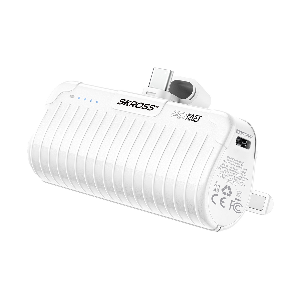 White portable electronic device with ridged sides and a USB connector, isolated on white background