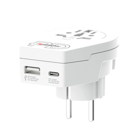 White travel adapter with USB and USB-C ports and EU plug.