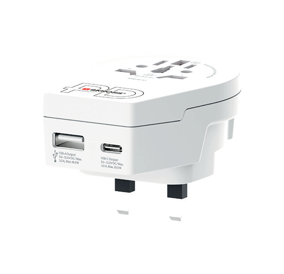 White travel adapter with USB and USB-C ports and UK plug prongs.
