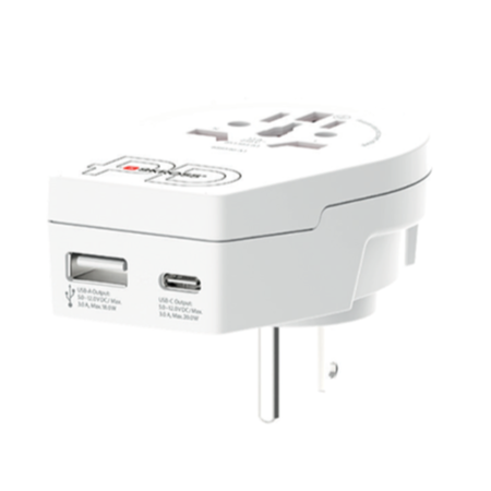 White travel adapter with USB and USB-C ports and multiple international plug configurations.
