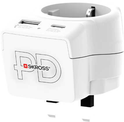 Skross 3-Pole Europe to UK USB AC20PD Travel Adapter