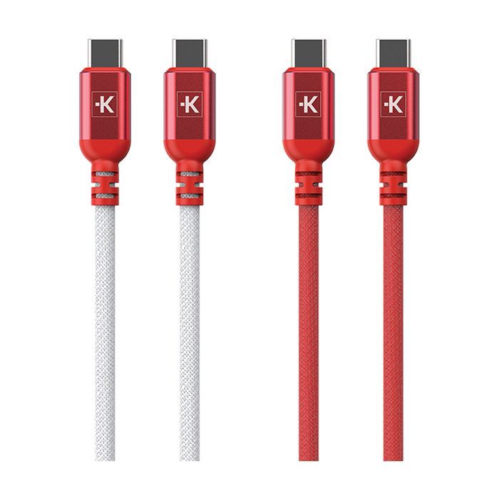 Four red USB charging cables, two with white braided cords and two with red cords.