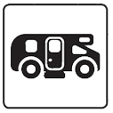 A black and white icon of a rv on a white background.