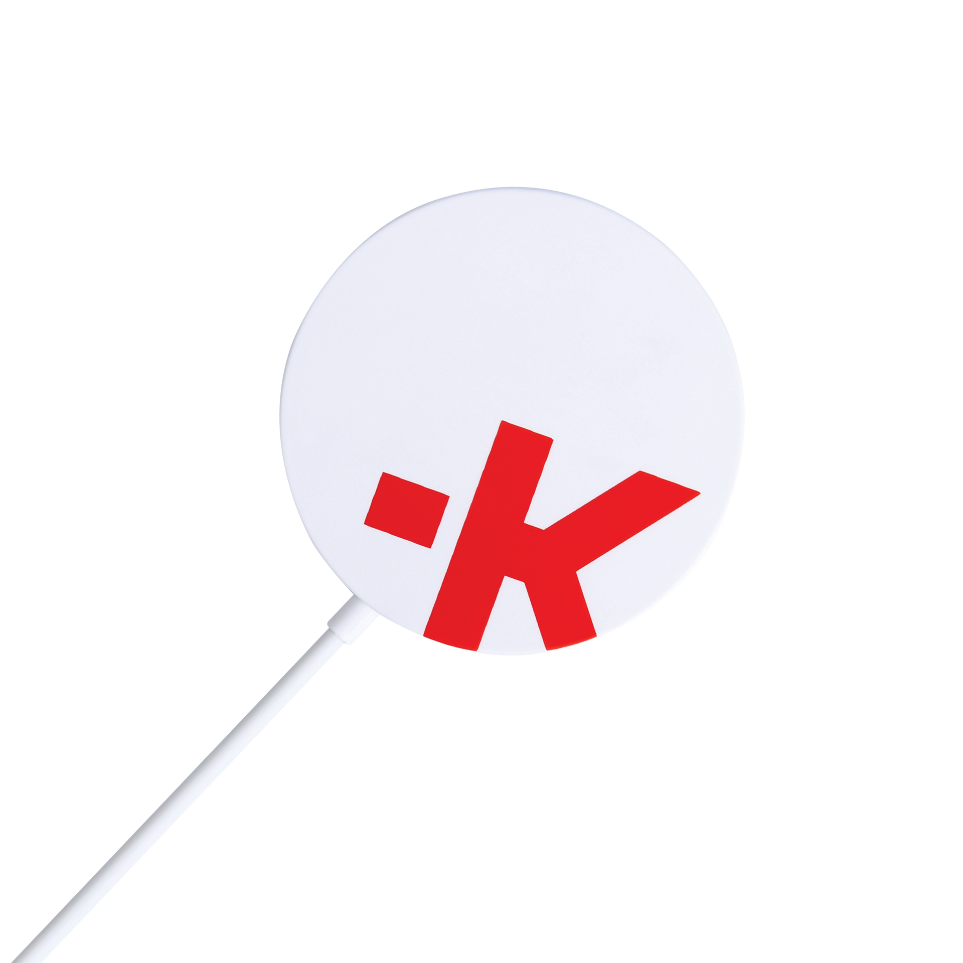 A white circle with a red k on it