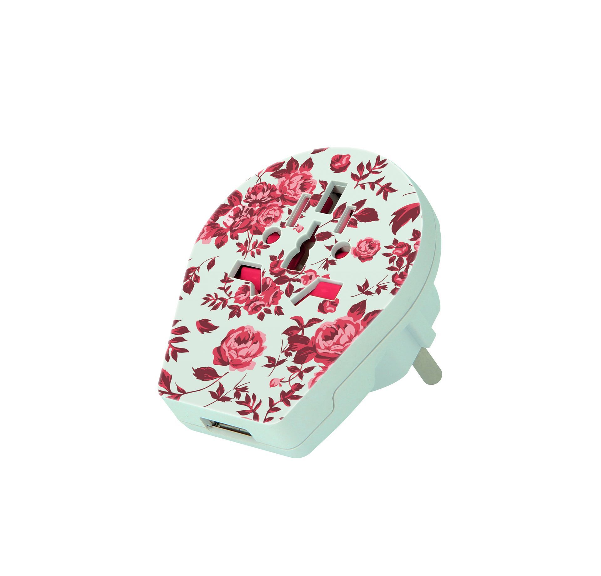 Skross branded travel adapter PRO World & USB floral head