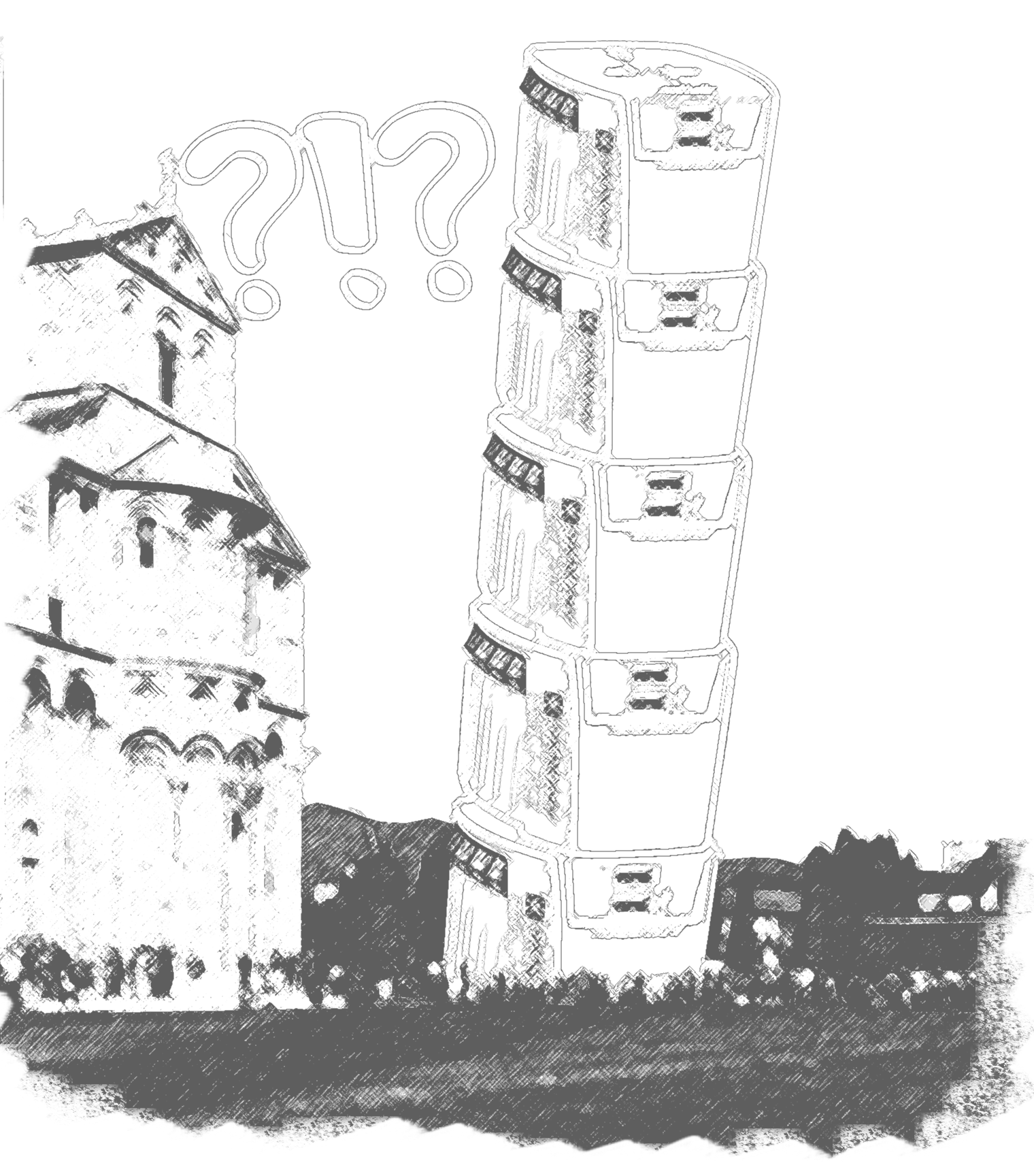 A black and white drawing of a tower made of travel adapters.