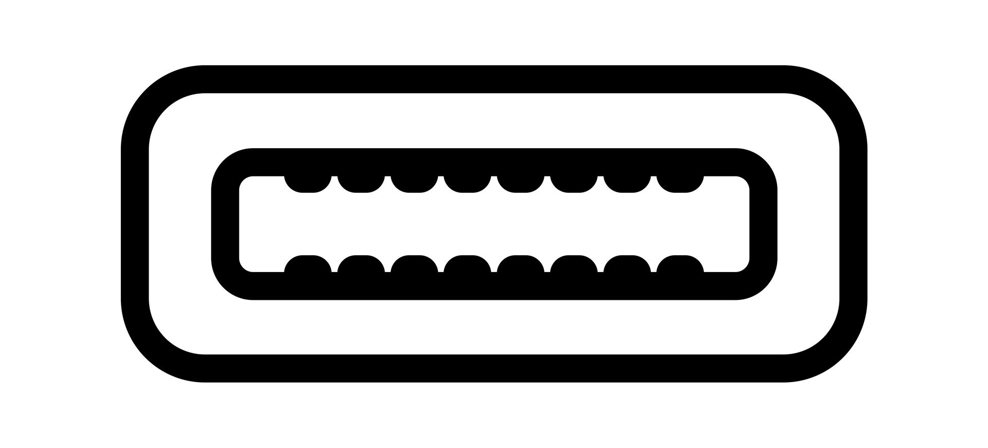 A black and white icon of a usb port on a white background.