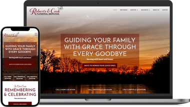 Website shown on laptop and phone with a black-and-white portrait