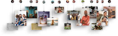Collage of multiple family photos arranged on a white wall