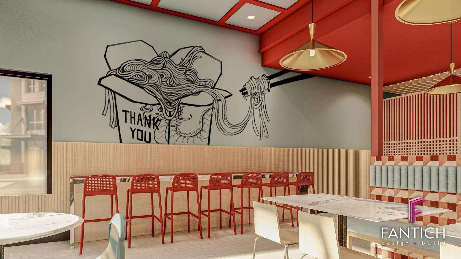 Modern cafe interior with red ceiling, red stools, and a large wall mural reading “THANK YOU.”