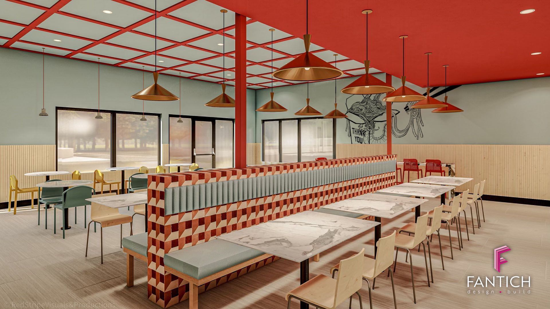 Modern cafeteria interior with red ceiling, long communal tables, and hanging pendant lights