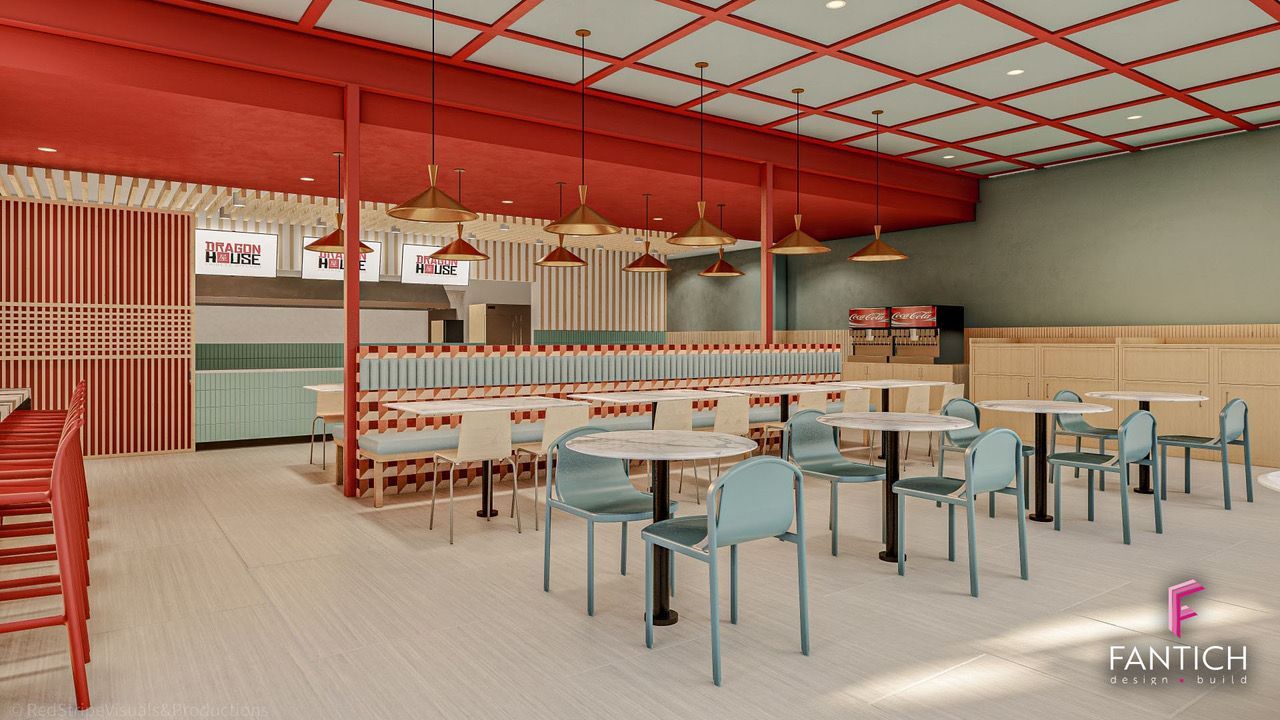 Empty modern restaurant interior with red ceiling, light blue chairs, and white tables