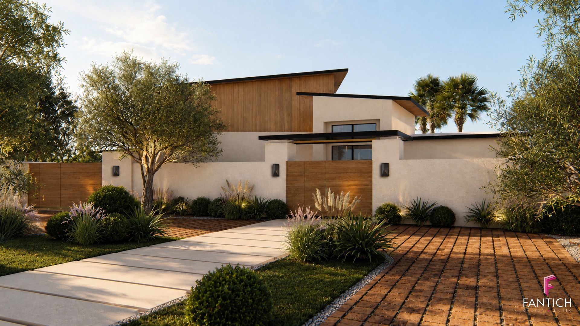Modern two-story house with white walls, wood accents, and landscaped front yard in warm sunlight
