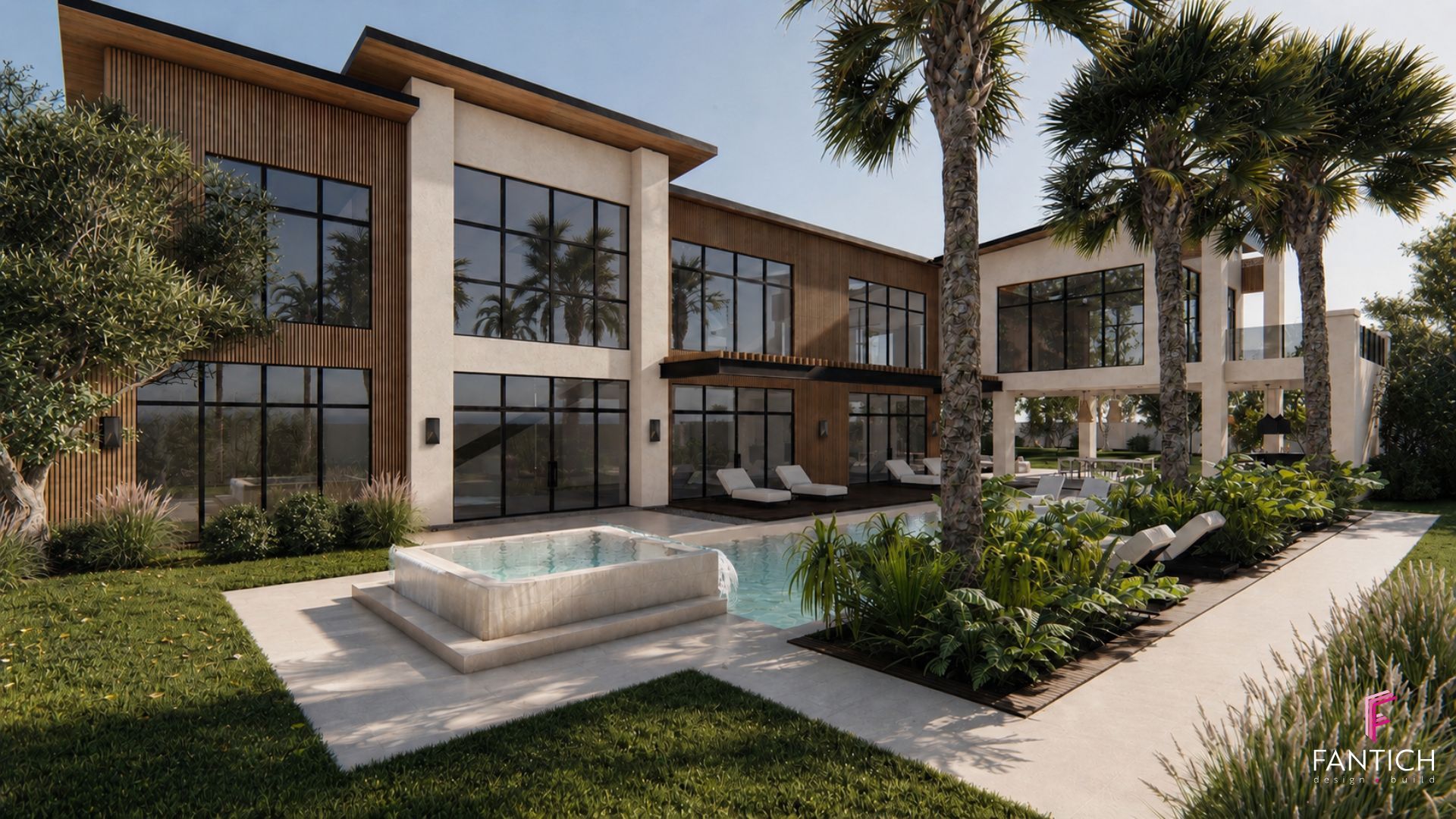 Modern two-story building with large windows, palm trees, and a landscaped courtyard with a fountain