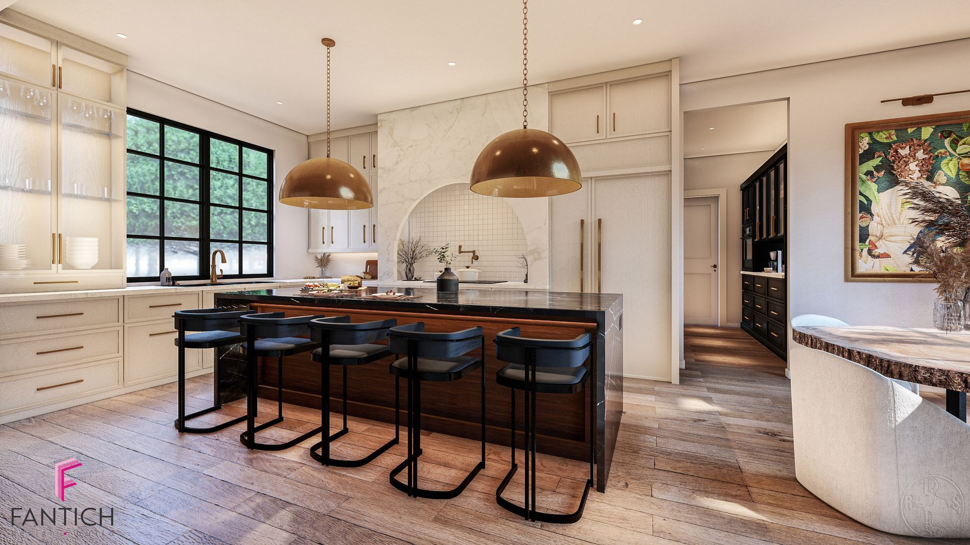 Bright modern kitchen with large island, black stools, and copper pendant lights