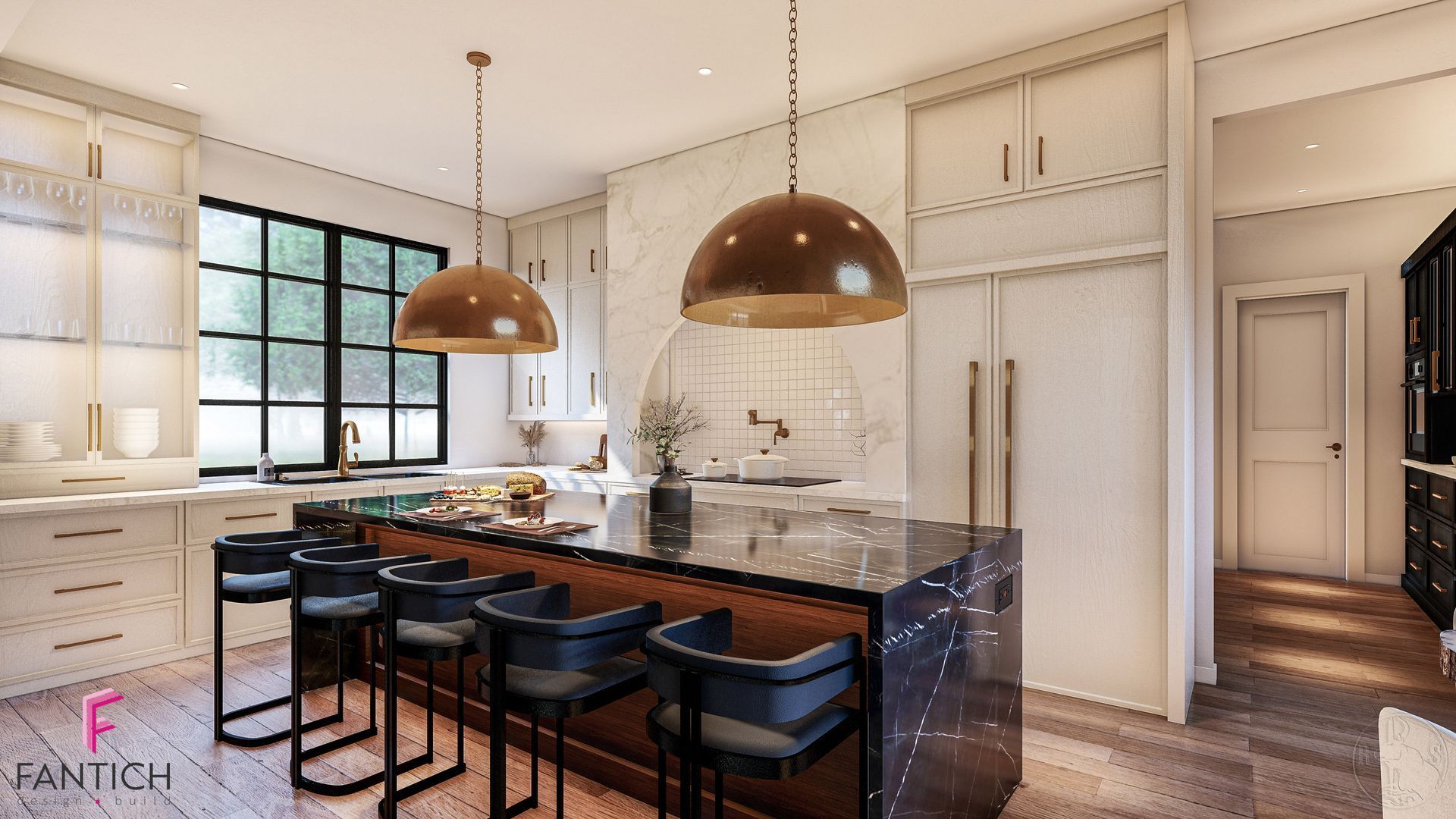 Bright modern kitchen with marble island, black stools, copper pendant lights, and white cabinetry