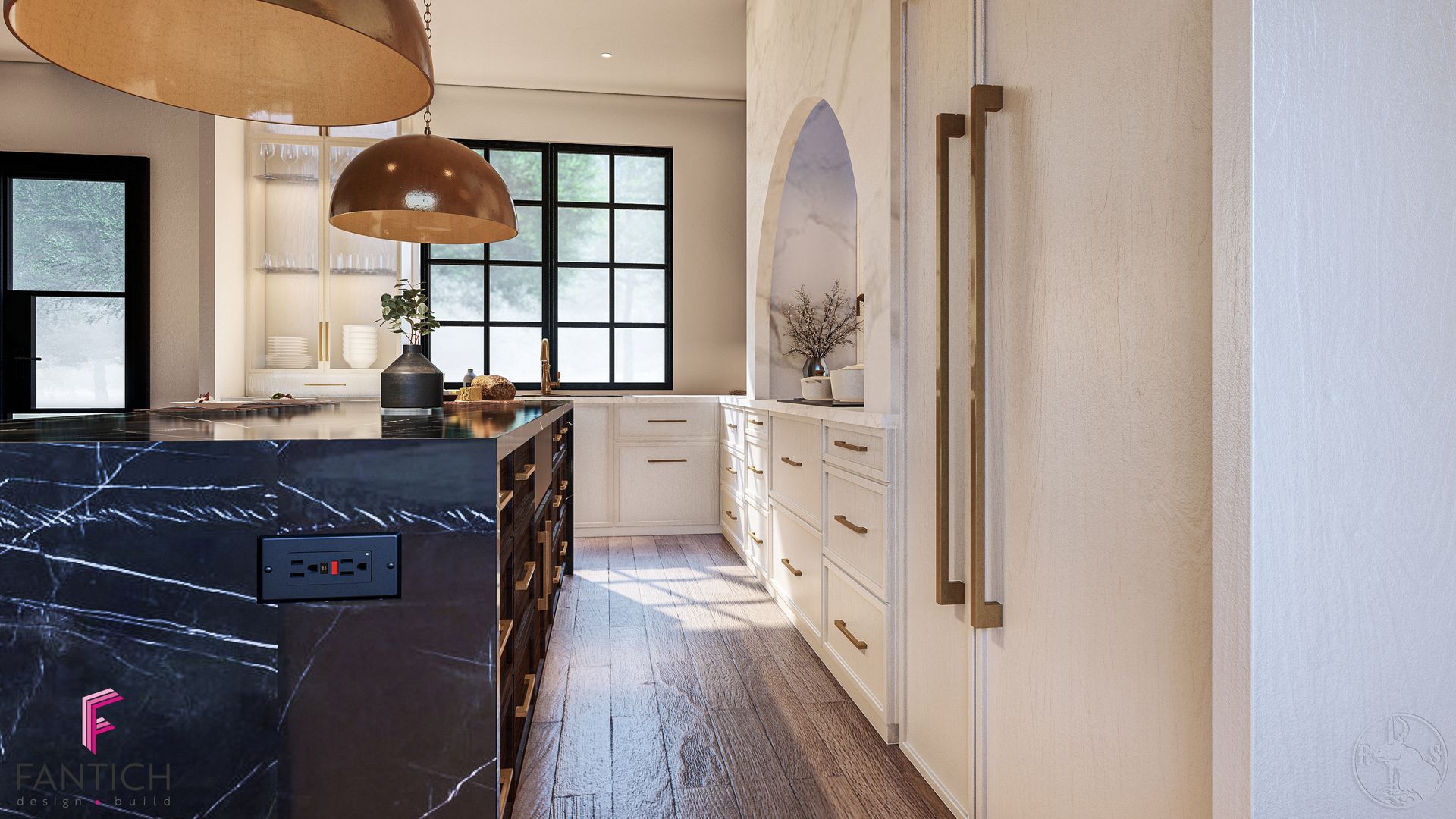 Modern kitchen with black island, white cabinets, wood floors, and pendant lights