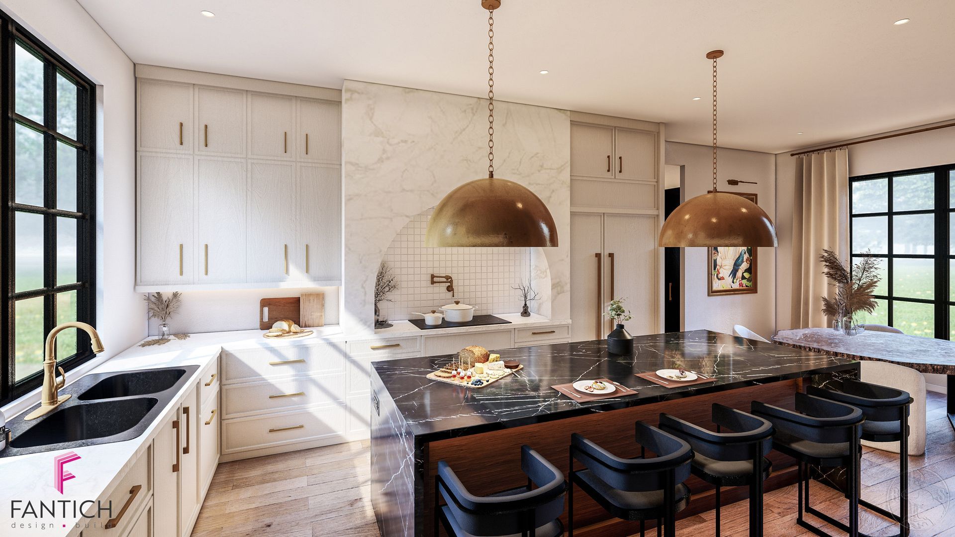 Bright modern kitchen with large island, black barstools, brass pendants, and marble backsplash