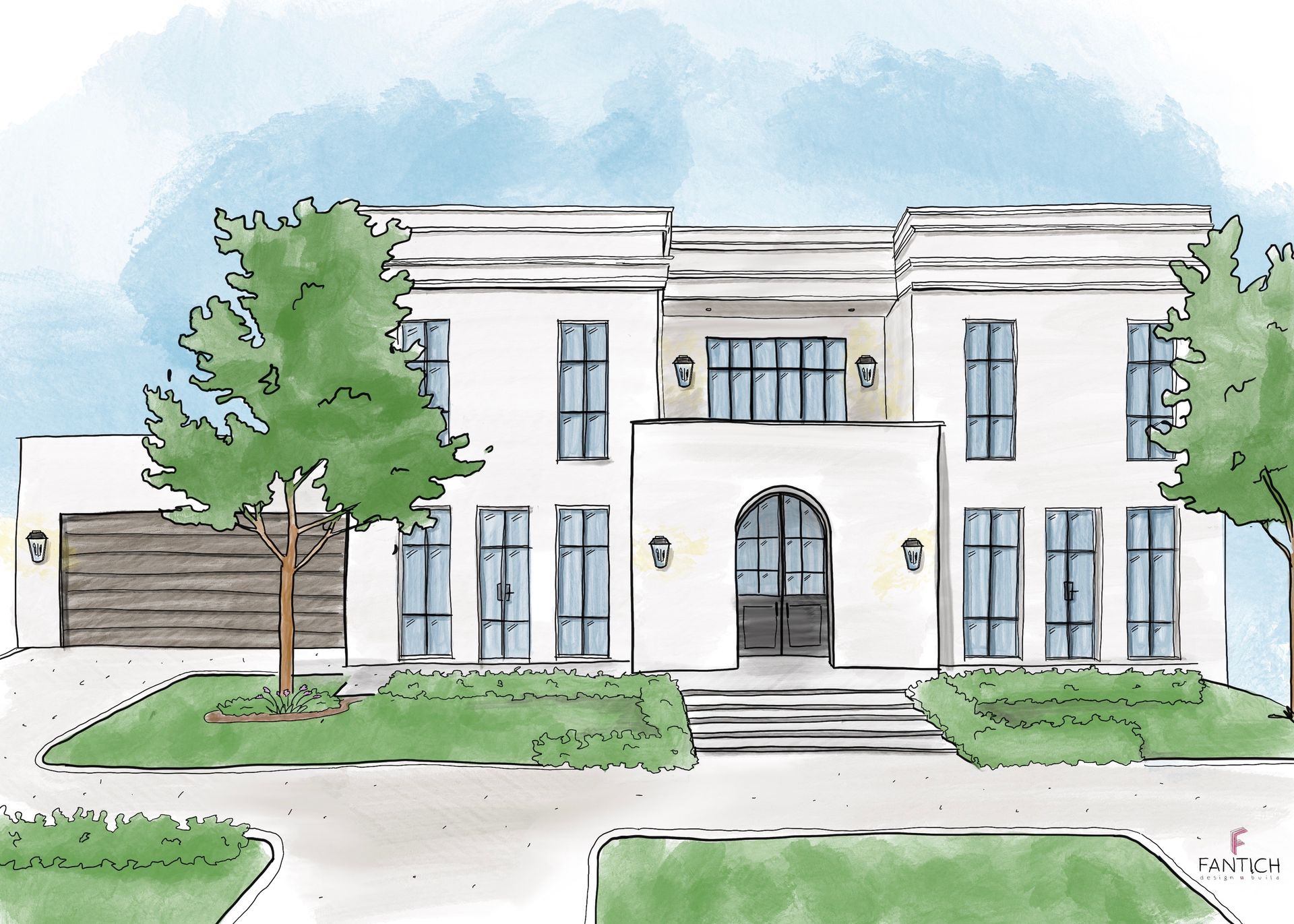 Watercolor sketch of a white building with arched entry, trees, and a green lawn under a blue sky