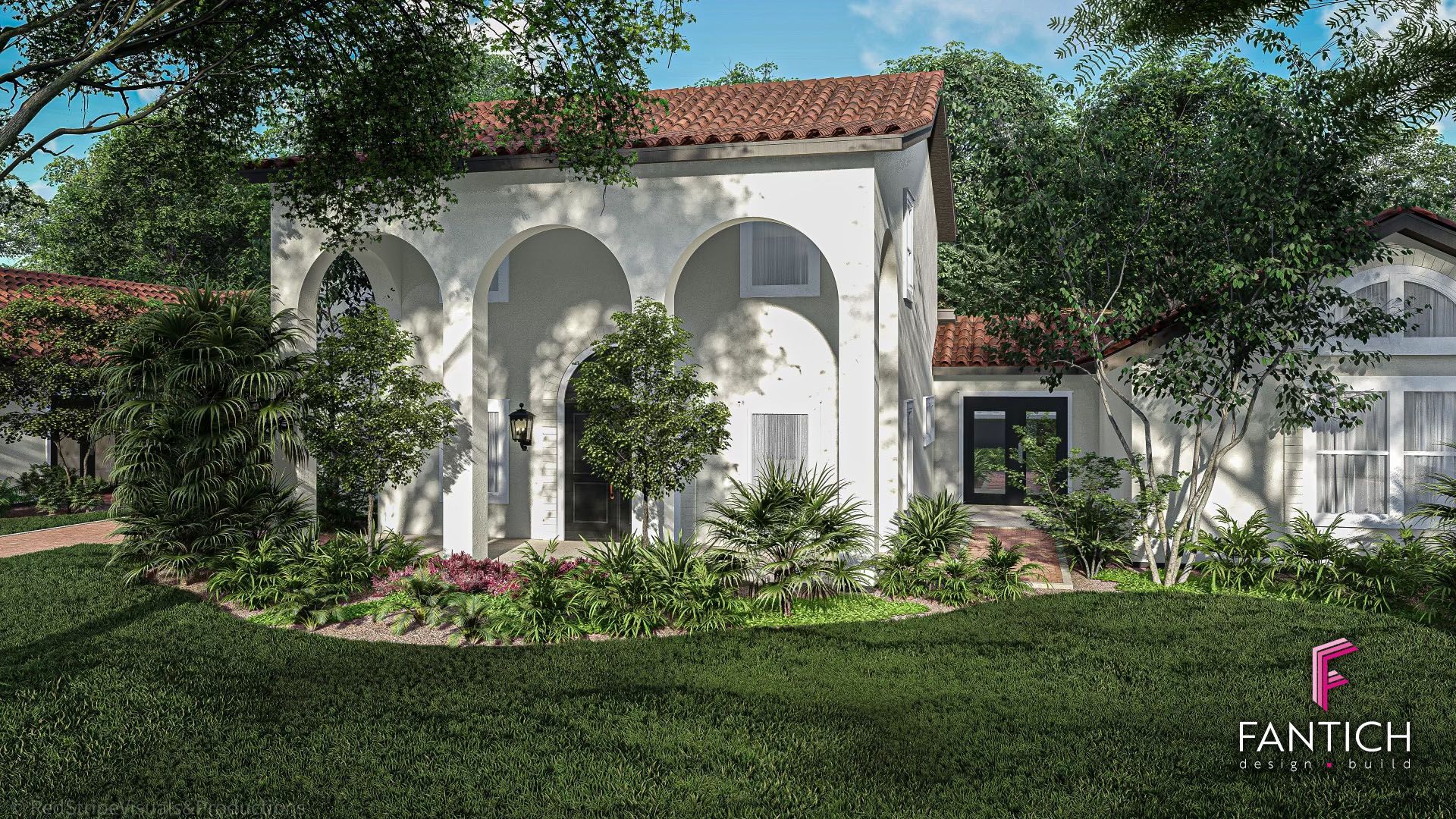 White stucco villa with red tile roof, arched porch, and lush garden in a sunny landscape.