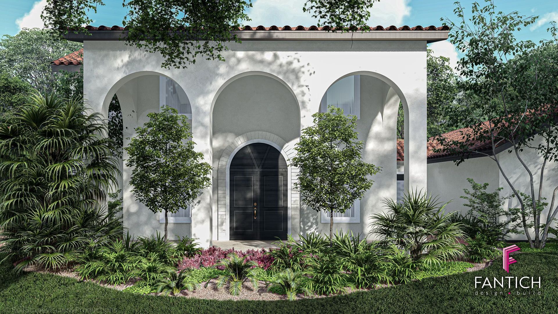 White Mediterranean-style house with three arches, dark doorway, and lush green garden under a tiled roof
