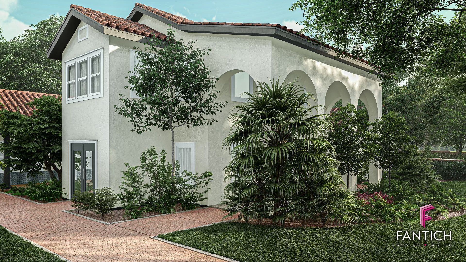 White two-story house with red roof, arched porch, and lush garden landscaping