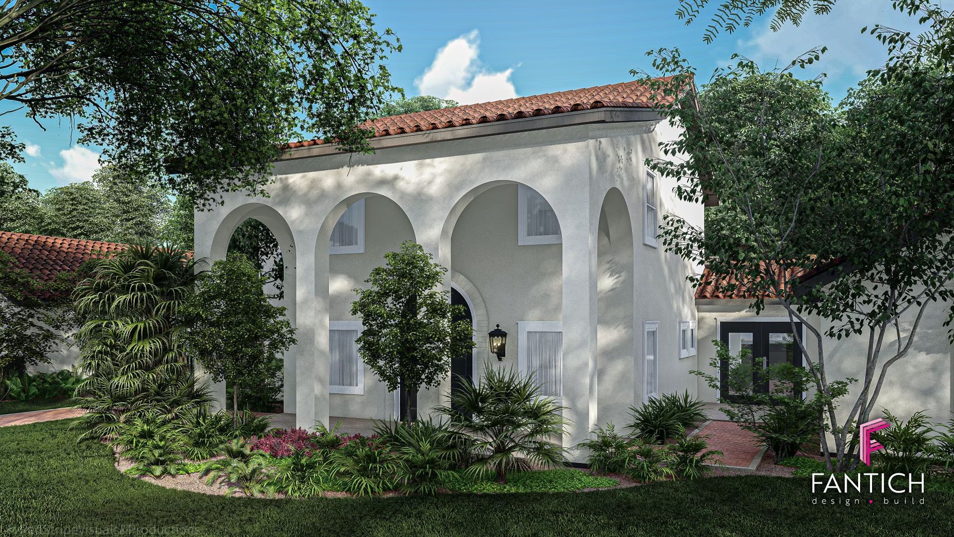 White Mediterranean-style house with arches, red-tile roof, and lush garden under a blue sky