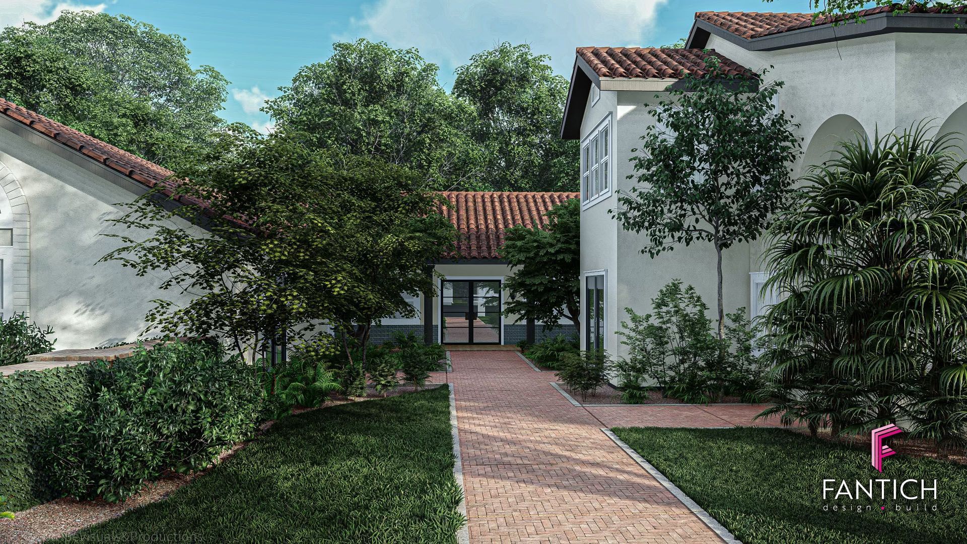 Pathway between white stucco buildings with red tile roofs, lined by trees and greenery under a blue sky