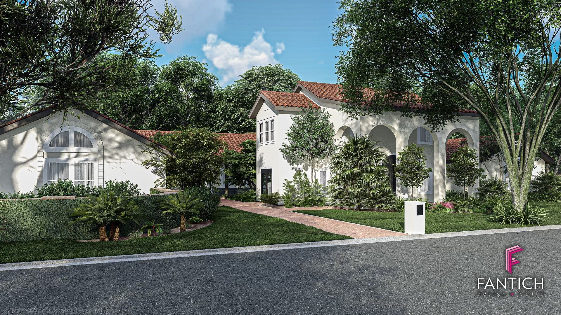 White Spanish-style house with red-tile roof, arched porch, and landscaped front yard on a quiet street